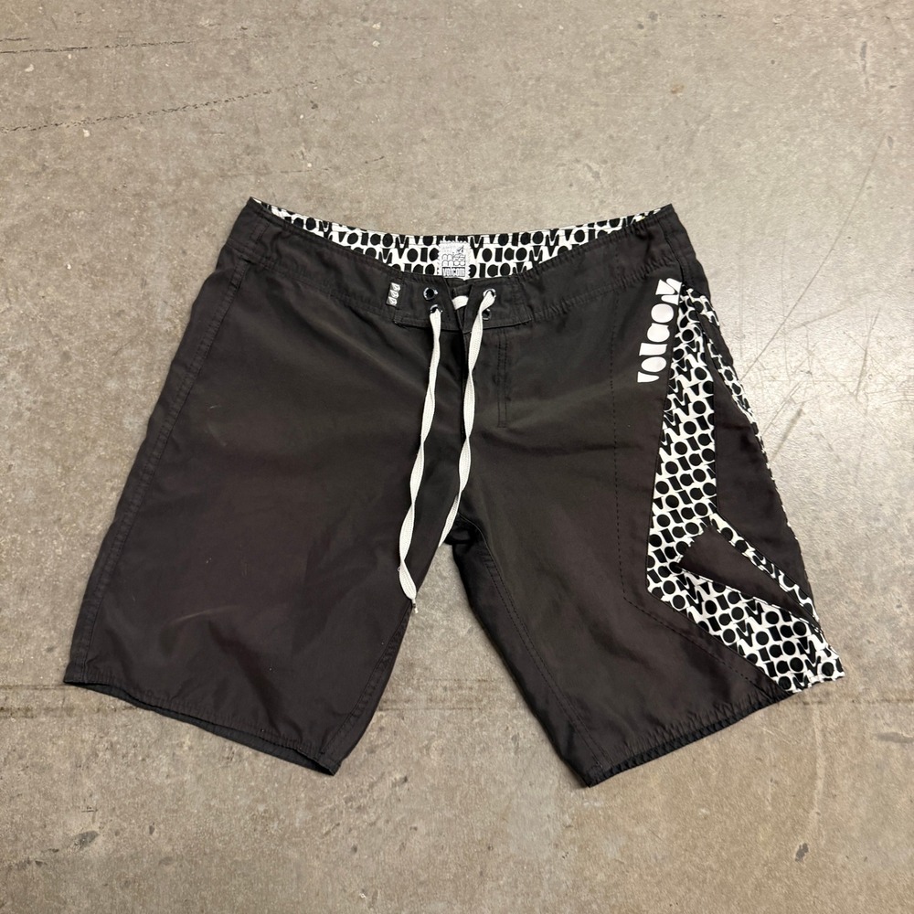 Volcom Miss Mod Mens Board Shorts Black White Logo Print Swim Trunks Size 32